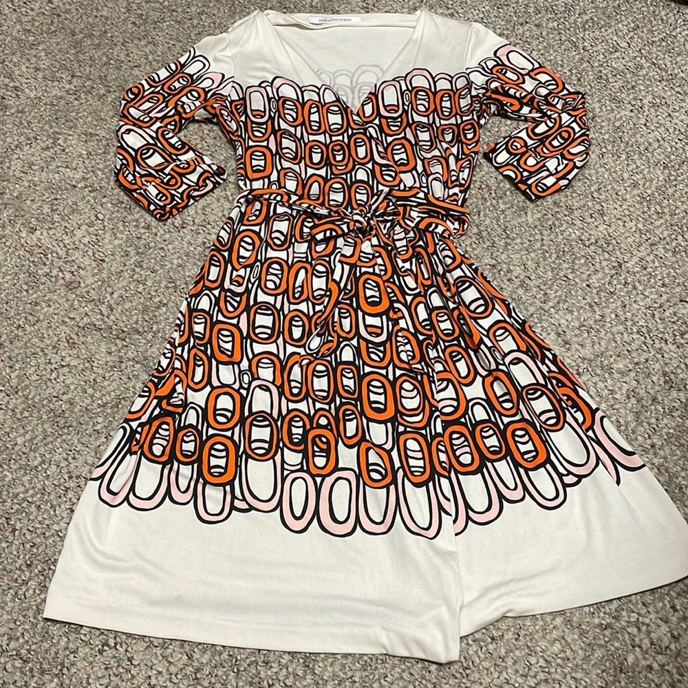 Diane Von Furstenberg White Dress with Orange and Black Graphic Print